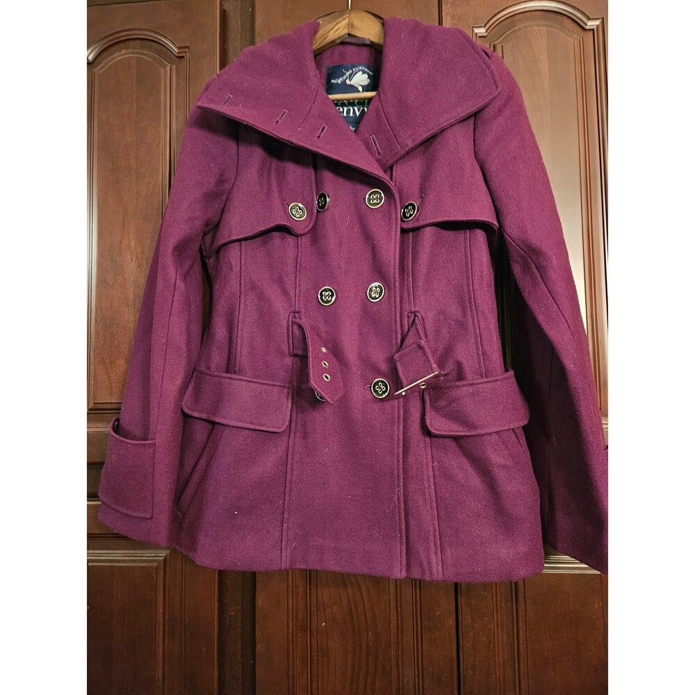 Green With Envy Recycled Wool Blend Purple Belted Pea Coat Sz Medium (flaw)